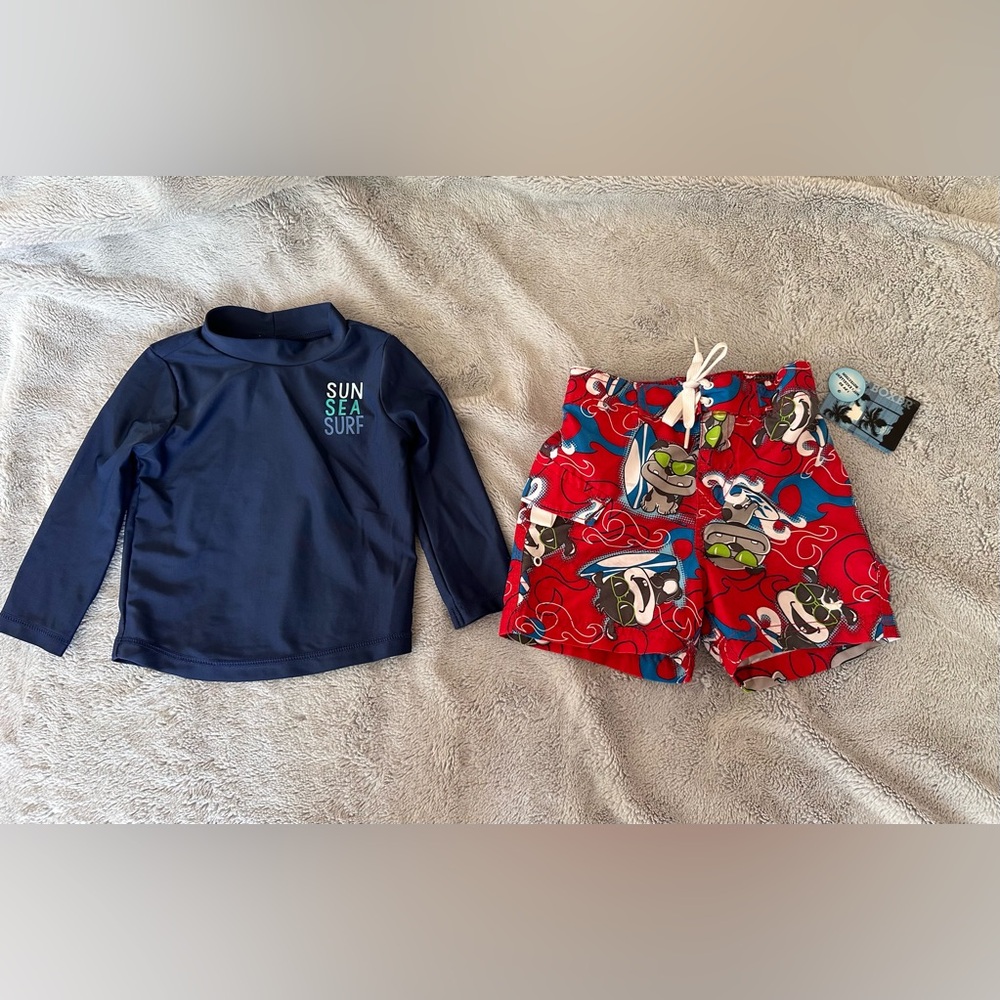 New NWT boys rash guard and swim trunks shorts swimwear bathing suit 12 months